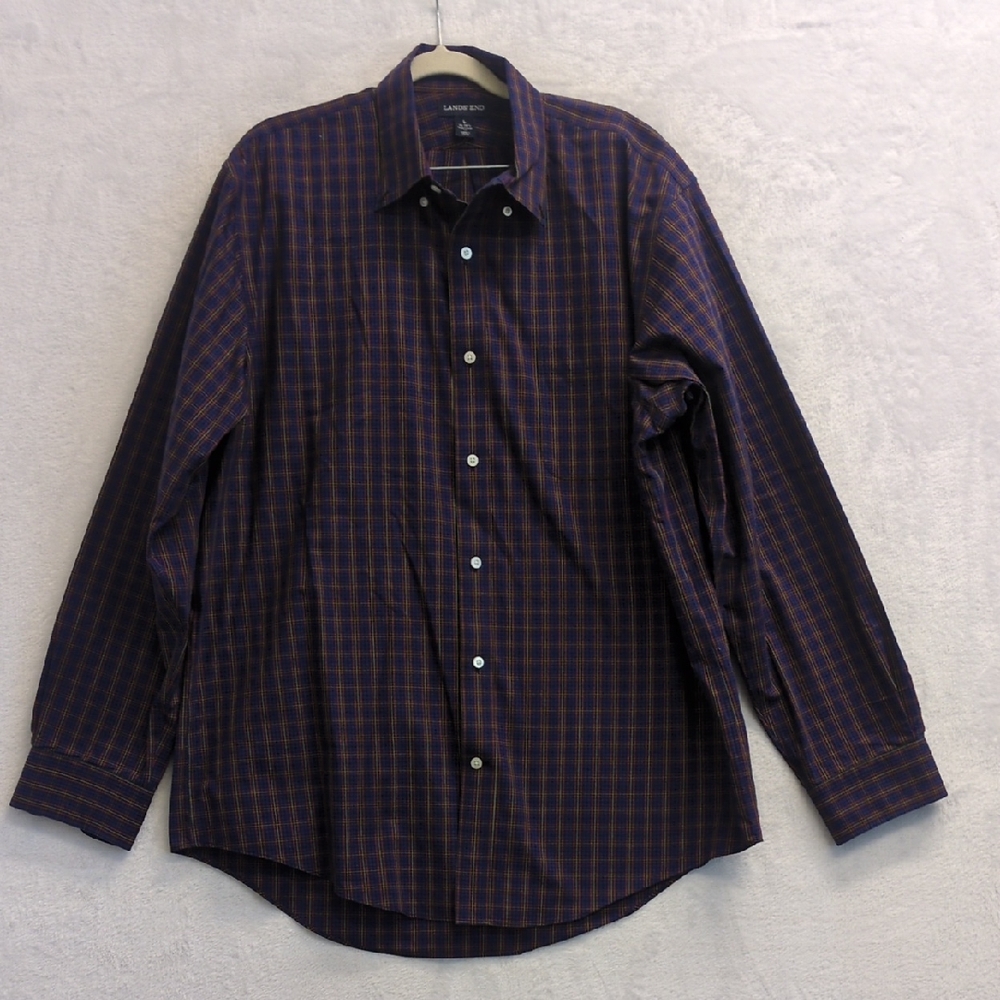Land's‎ End Men's Blue Plaid Formal Dress Shirt Size L